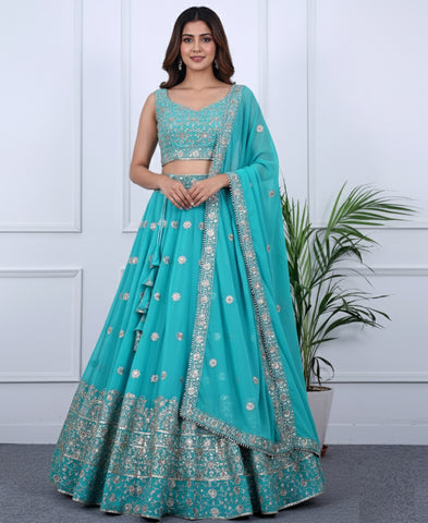 Pacific Blue Color Sequins Embroidery Lehenga Choli