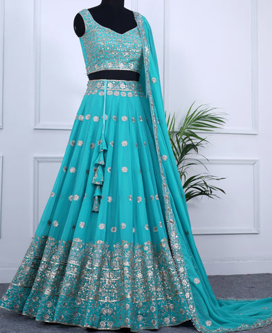 Pacific Blue Color Sequins Embroidery Lehenga Choli