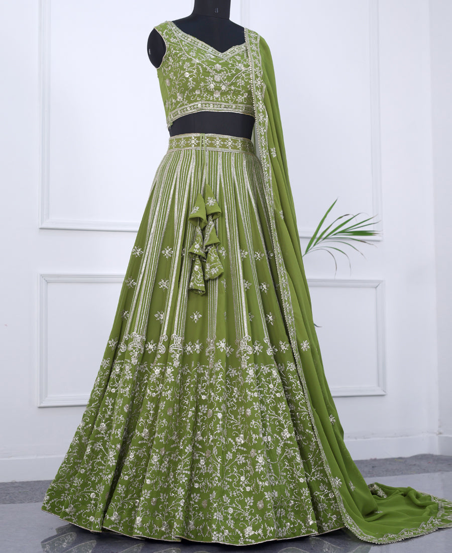 Green Color Georgette Sequins Work Semi-stiched Lehenga Choli
