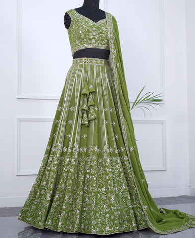 Green Color Georgette Sequins Work Semi-stiched Lehenga Choli