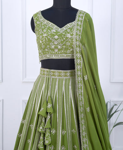 Green Color Georgette Sequins Work Semi-stiched Lehenga Choli