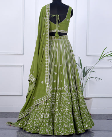 Green Color Georgette Sequins Work Semi-stiched Lehenga Choli