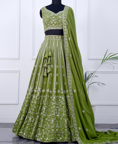 Green Color Georgette Sequins Work Semi-stiched Lehenga Choli
