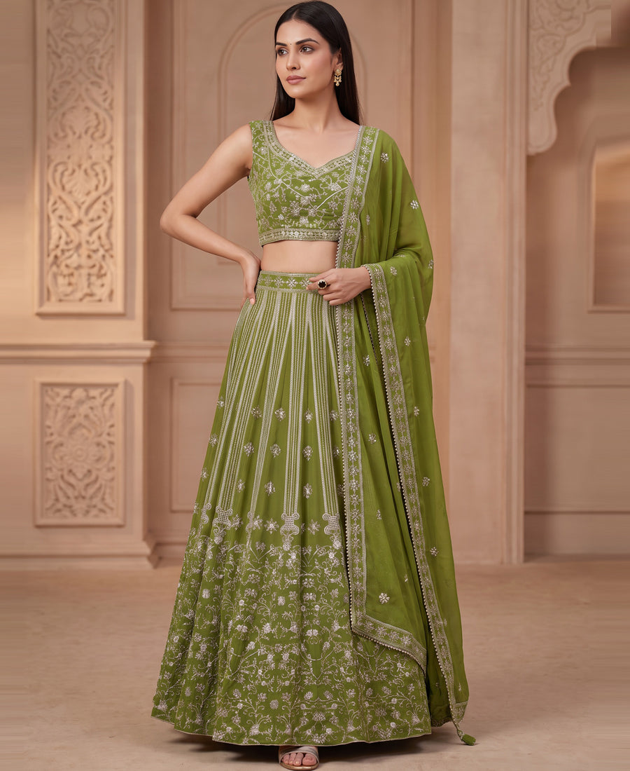 Green Color Georgette Sequins Work Semi-stiched Lehenga Choli
