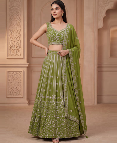 Green Color Georgette Sequins Work Semi-stiched Lehenga Choli