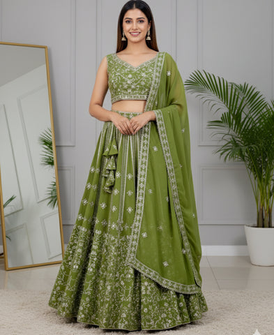 Green Color Georgette Sequins Work Semi-stiched Lehenga Choli