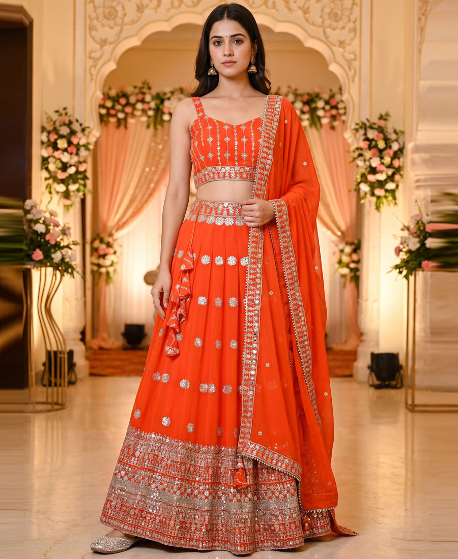 Orange Color Georgette Sequins Work Lehenga Choli