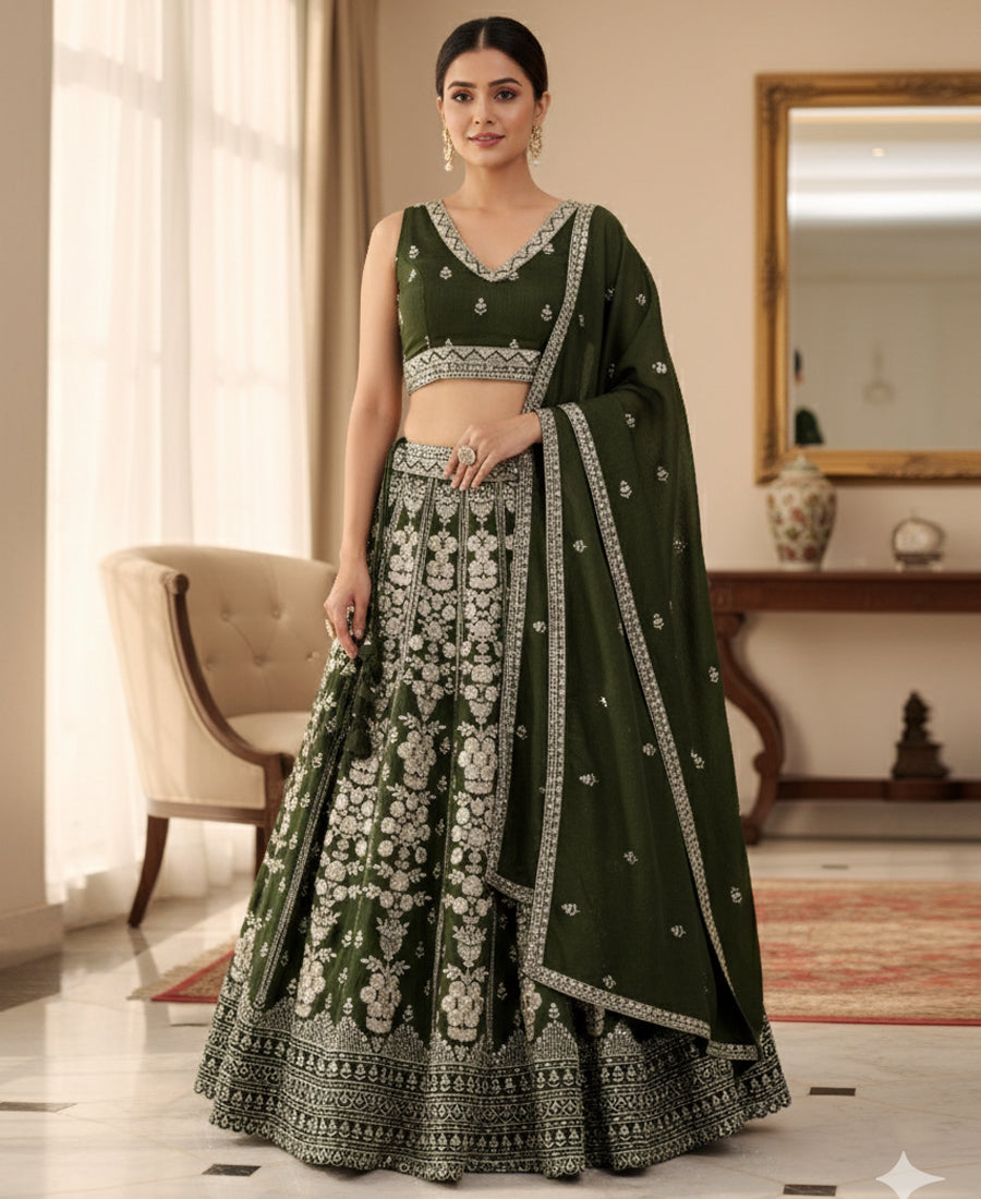 Green color Vichitra Silk Sequins and Zari Work Lehenga Choli