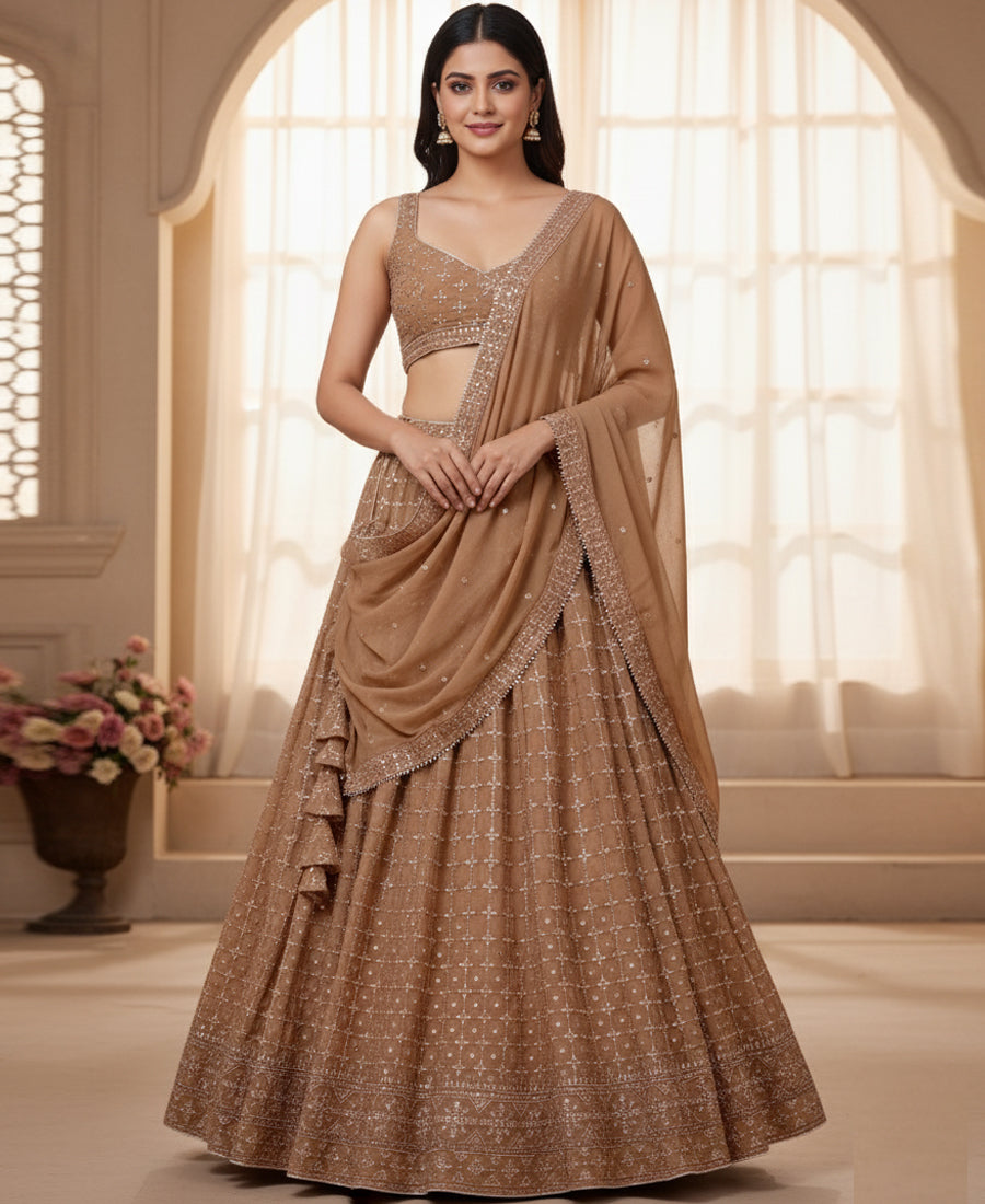 Light Orange Georgette Sequins Work Lehenga Choli