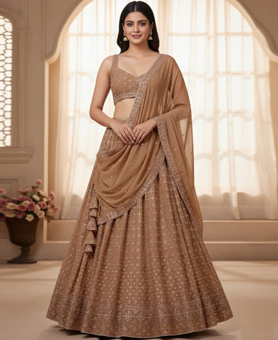 Light Orange Georgette Sequins Work Lehenga Choli