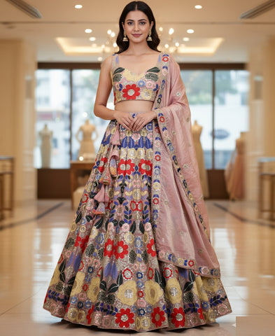 Multi Color Fendi Fabric Sequins and Thread work Lehenga Choli