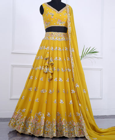 Mustard Yellow Color Sequins Embroidered Lehenga Choli