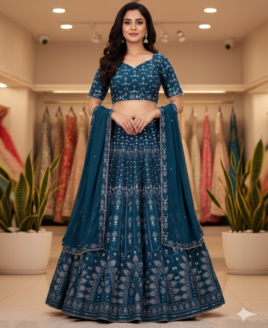 Blue Color Georgette Sequins and Silver Zari Work Lehenga Choli