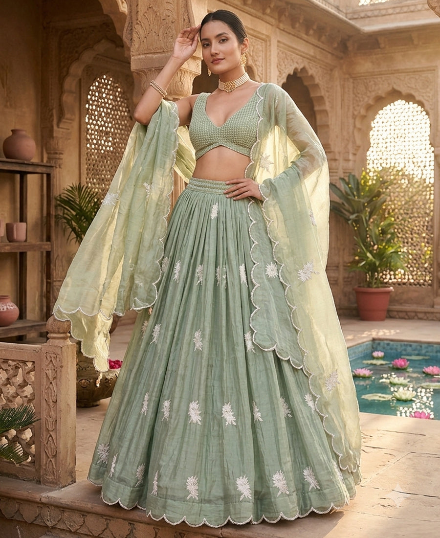 Grey Pink Color Thread Work Semi-Stiched Lehenga Choli