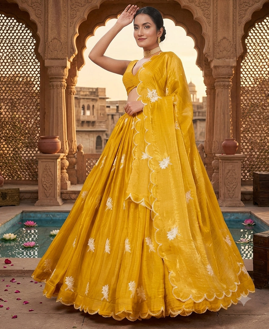 Mustard Yellow Color Thread Work Semi-Stiched Lehenga Choli