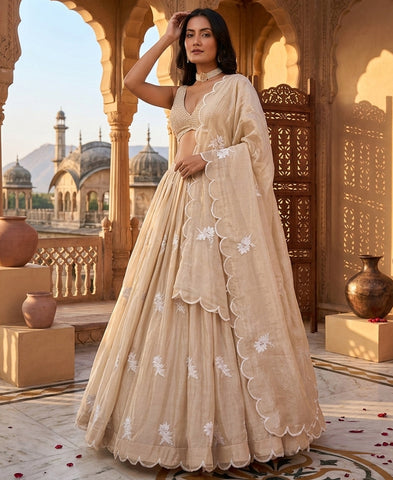 Off white Color Thread Work Semi-Stiched Lehenga Choli