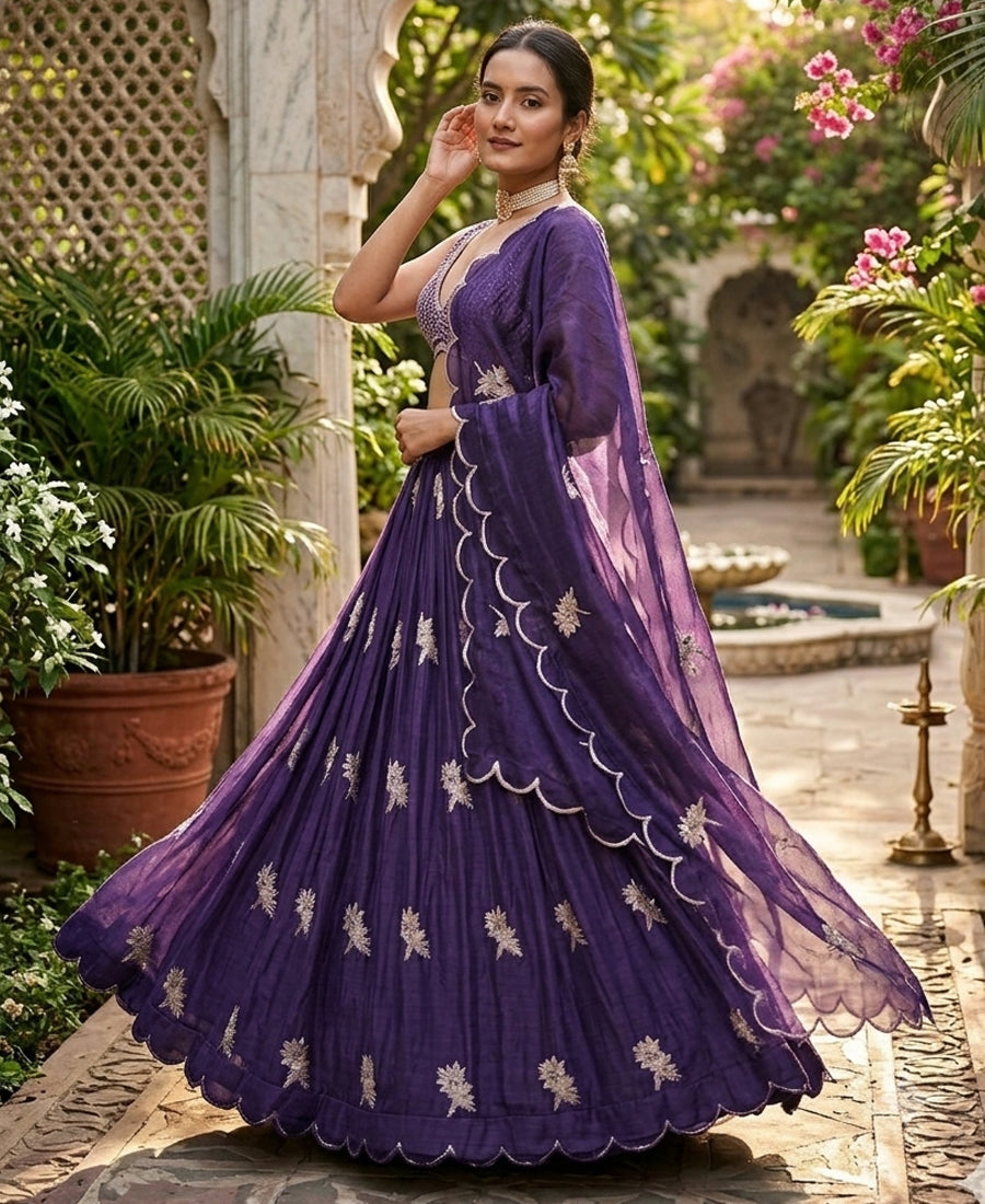 Purple Color Thread Work Semi-Stiched Lehenga Choli