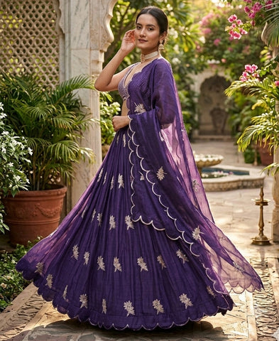 Purple Color Thread Work Semi-Stiched Lehenga Choli