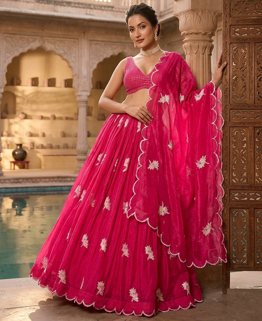 Pink Color Thread Work Semi-Stiched Lehenga Choli