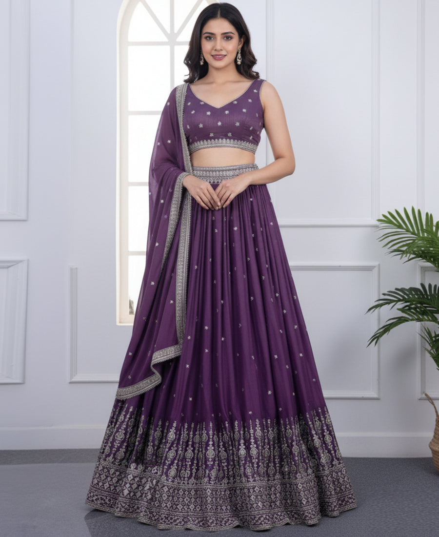 Dusky Purple Sequins Work Semi-stiched Lehenga Choli
