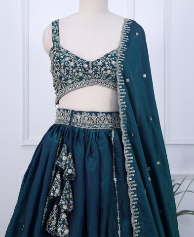 Bottle Green Color Sequins Embroidered Lehenga Choli