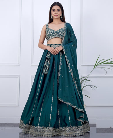Bottle Green Color Sequins Embroidered Lehenga Choli