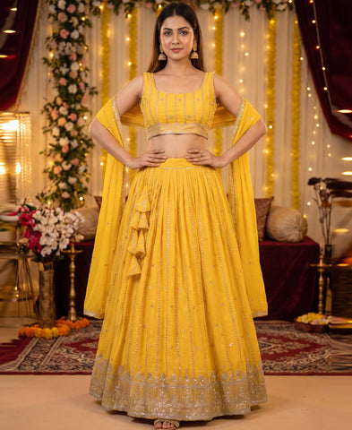 Yellow Colour Georgette Sequins Work Lehenga Choli