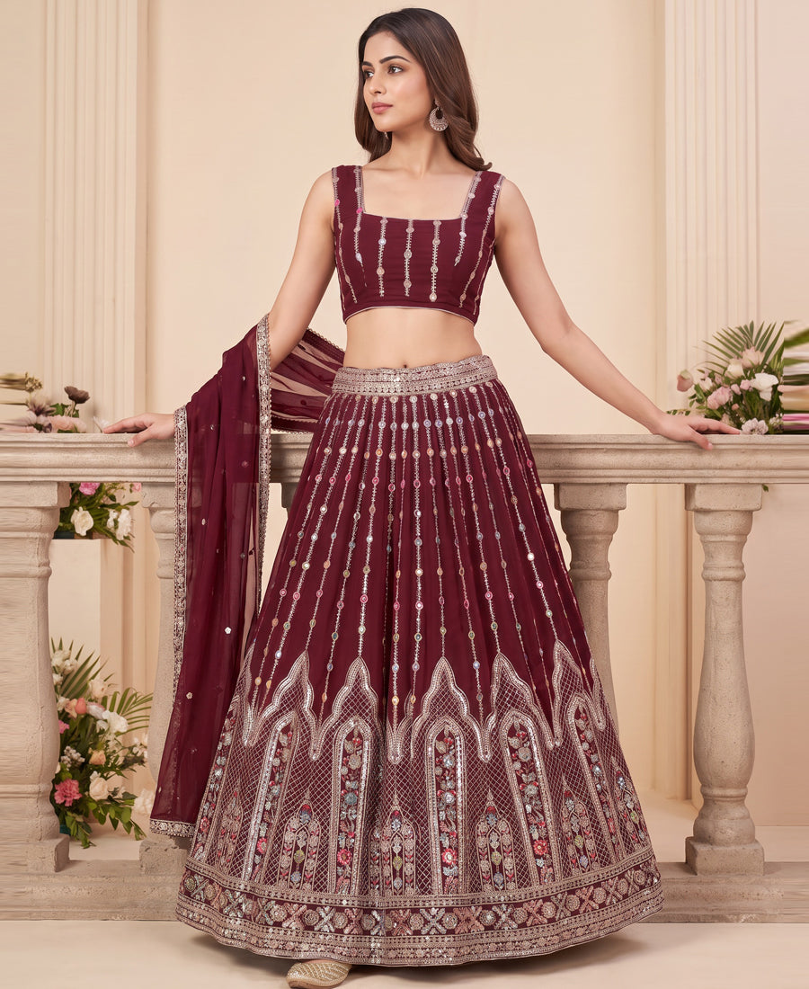 Maroon Colour Georgette Sequins and Multi Thread Work Lehenga Choli