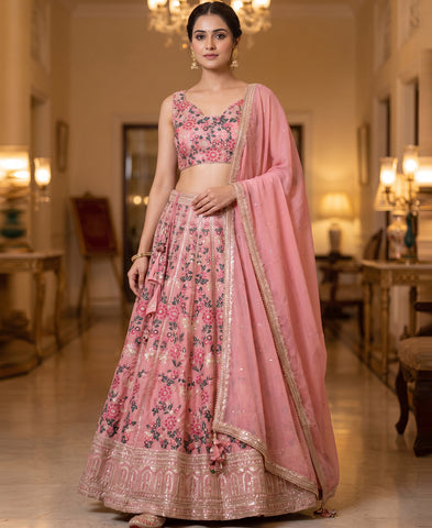 Baby Pink Sequnis and Multi Thread Work Georgette Lehenga Choli