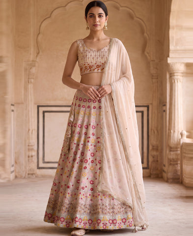 Off White Sequins and Multi Thread Work Georgette Lehenga Choli