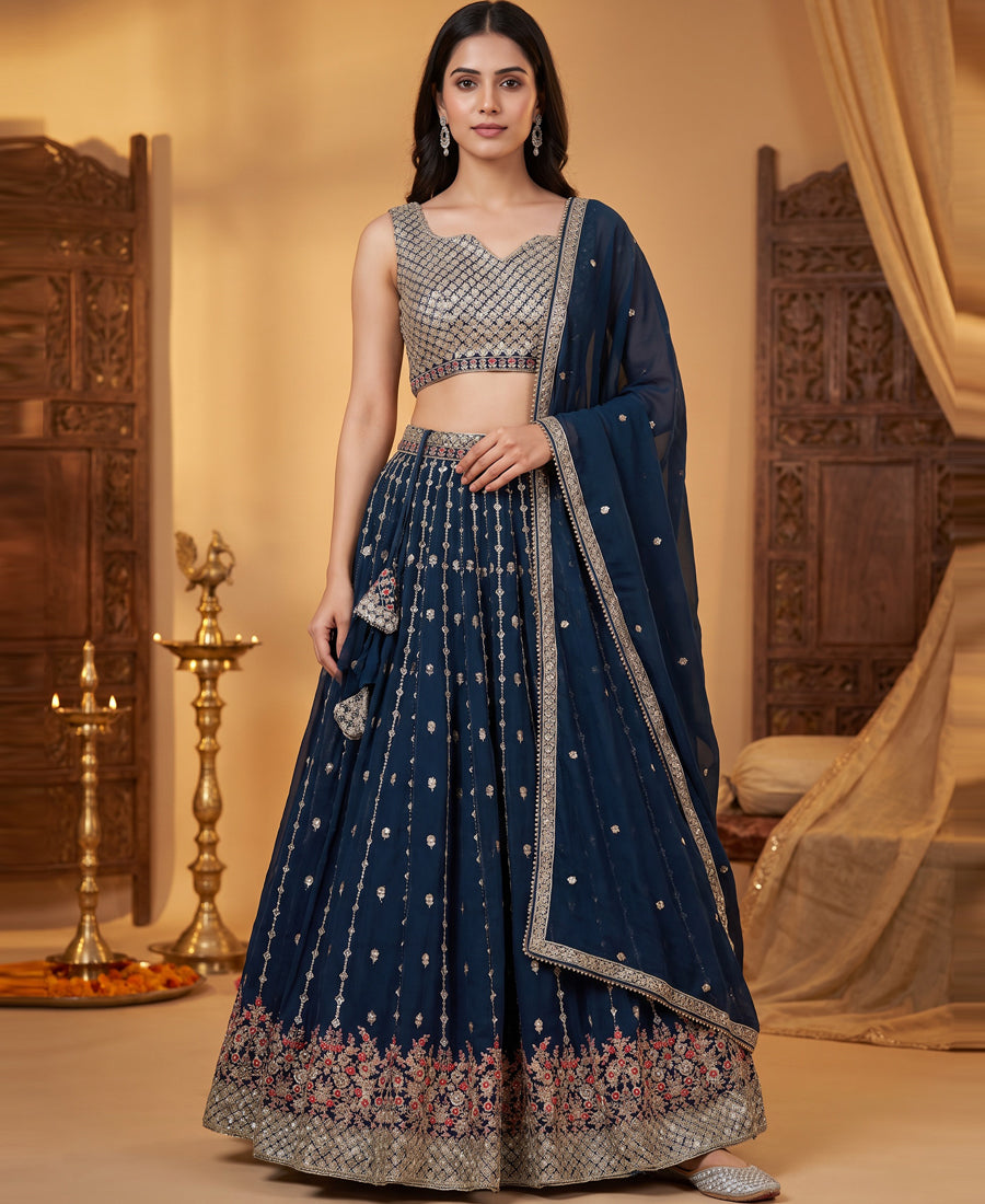 Blue Sequins and Multi Thread Work Georgette Lehenga Choli