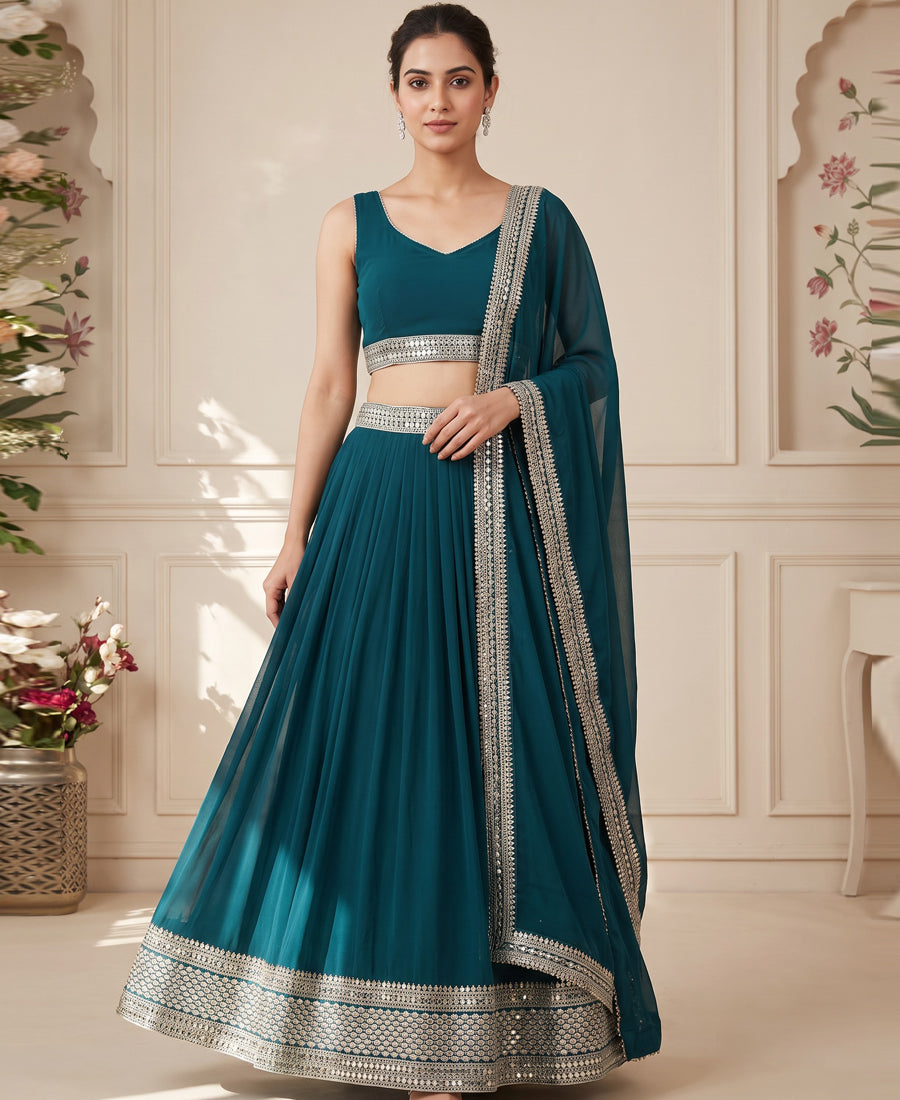 Deep Sea Blue Georgette Sequins Work Festive Lehenga Choli