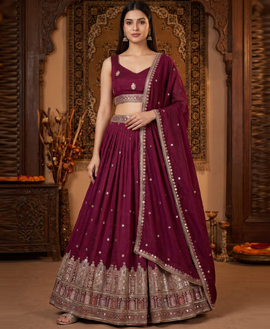 Wine Vichitra Silk Zari & Sequins Work Lehenga Choli