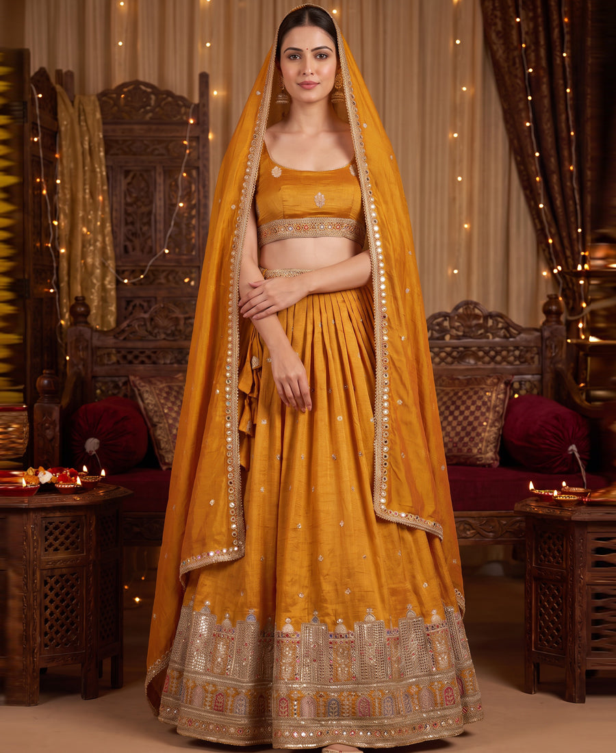 Yellow Vichitra Silk Zari & Sequins Work Lehenga Choli