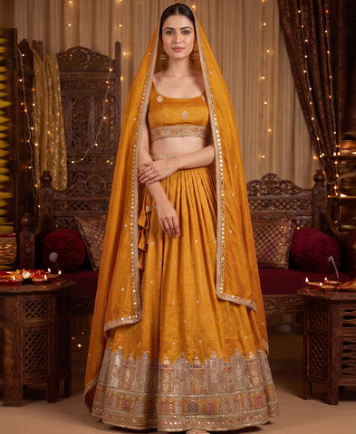 Yellow Vichitra Silk Zari & Sequins Work Lehenga Choli