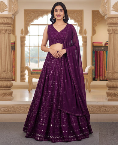 Wine Coloured Georgette Sequins Work Lehenga Choli