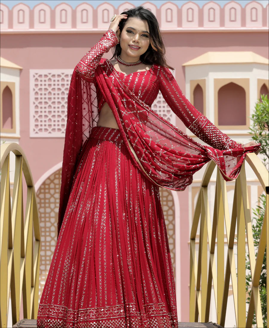 Red Color Georgette Sequence Work Designer Lehenga choli