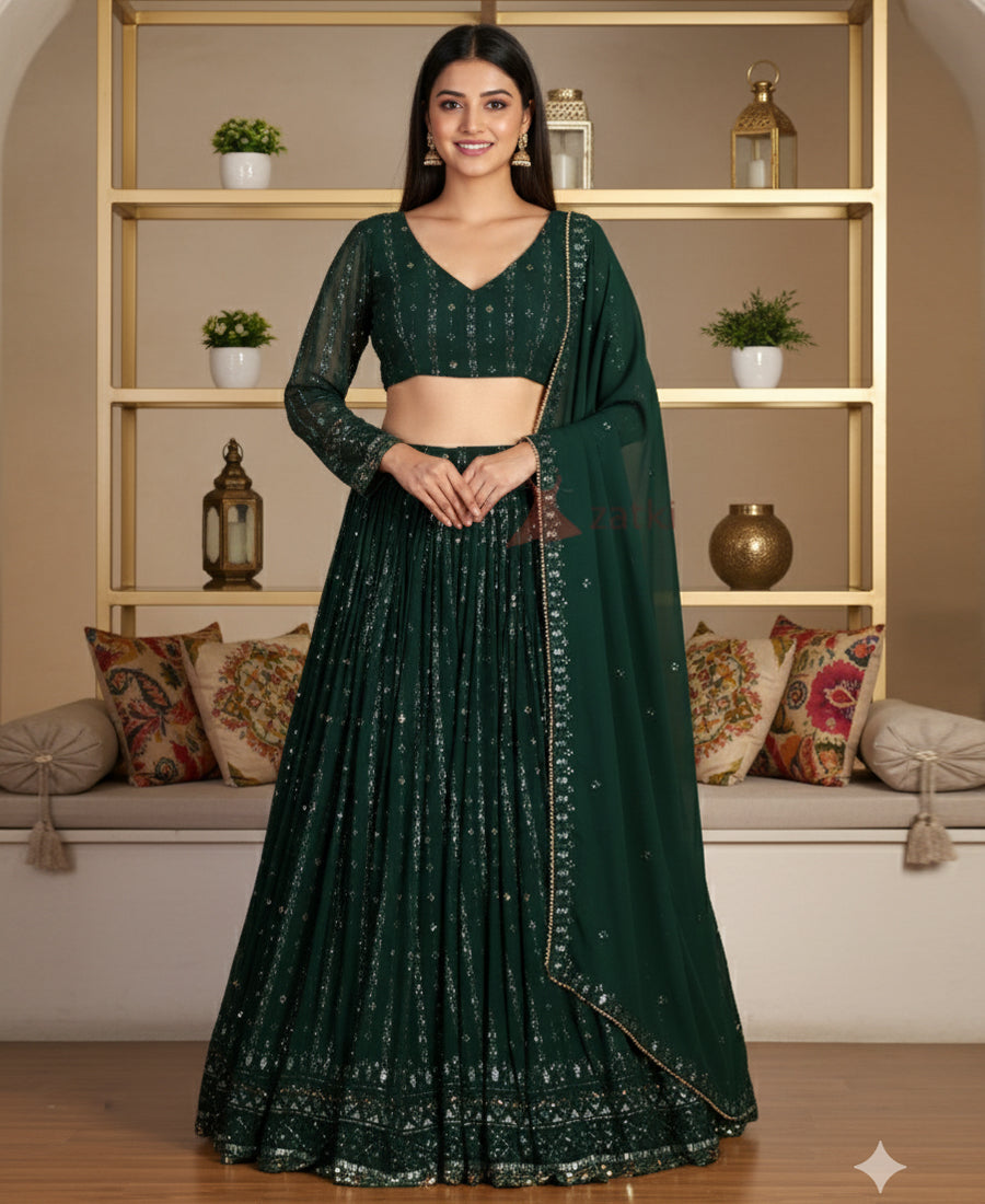 Bottle Green Color Georgette Sequins Work Lehenga Choli