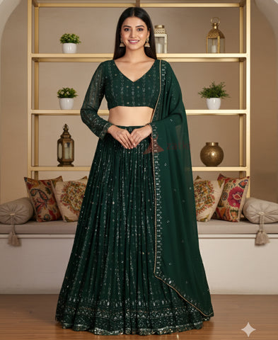 Bottle Green Color Georgette Sequins Work Lehenga Choli