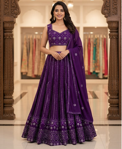 Blue Color Georgette Sequins Work Lehenga Choli