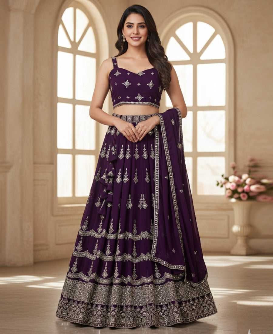 Deep Purple Color Sequins Embriodery Work Lehenga Choli