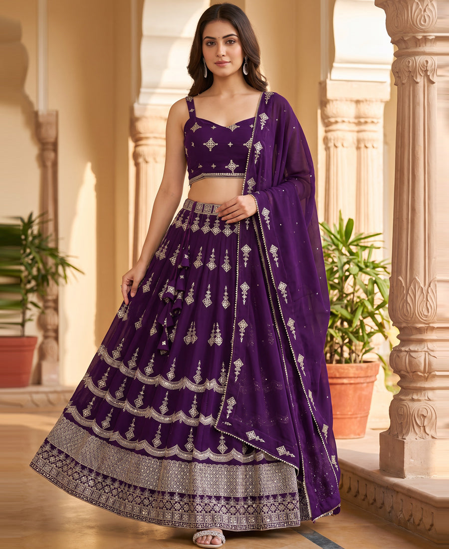 Deep Purple Color Sequins Embriodery Work Lehenga Choli