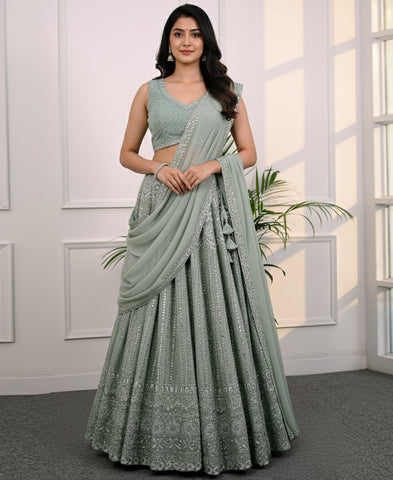 Jungle Mist Color Georgette Sequins Work Lehenga Choli
