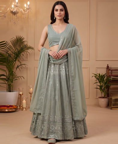 Jungle Mist Color Georgette Sequins Work Lehenga Choli
