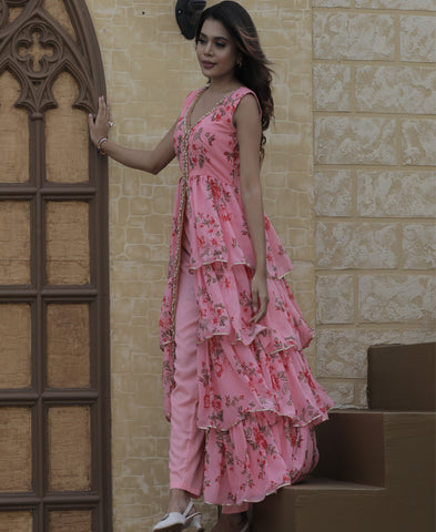 Pink Color Georgette Printed Long Kurti With Bottom