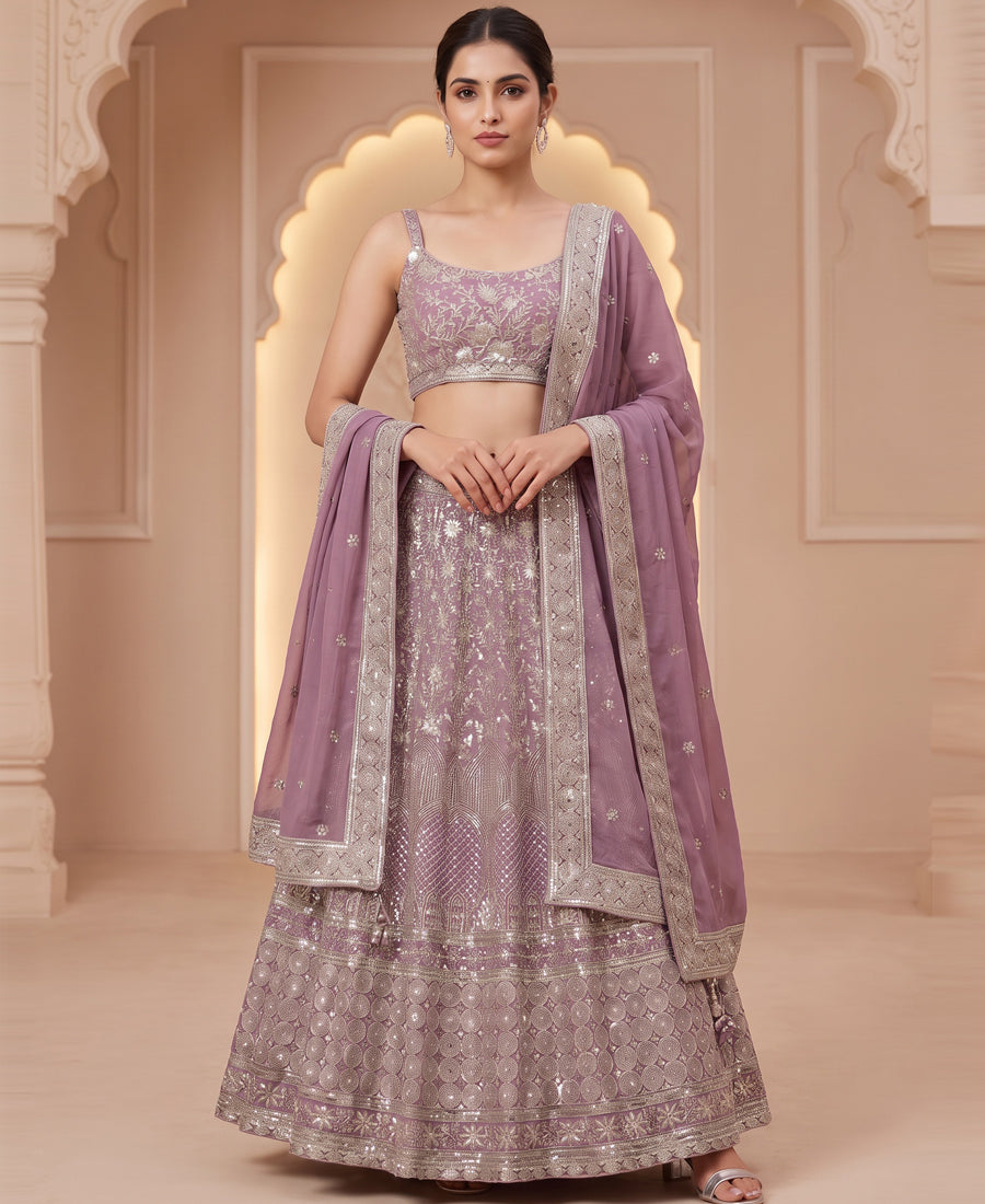 Lavender Georgette Sequins and Zari Work Lehenga Choli