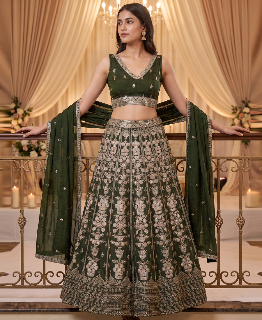 Green color Vichitra Silk Sequins and Zari Work Lehenga Choli