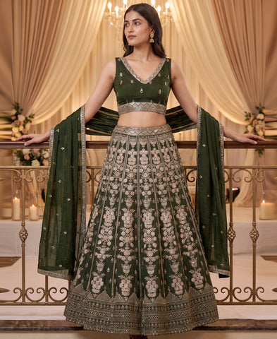 Green color Vichitra Silk Sequins and Zari Work Lehenga Choli