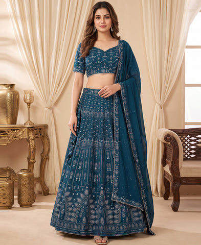 Blue Color Georgette Sequins And Embriodery Work Lehenga Choli