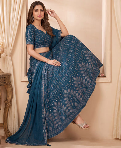 Blue Color Georgette Sequins And Embriodery Work Lehenga Choli